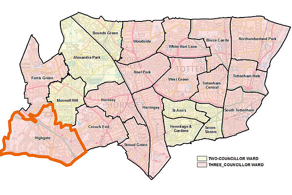 A borough map of Haringey with Highgate ward highlighted