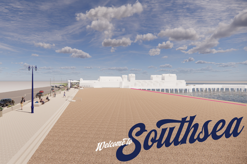 The words 'Welcome to Southsea' written on a photo of Southsea beach