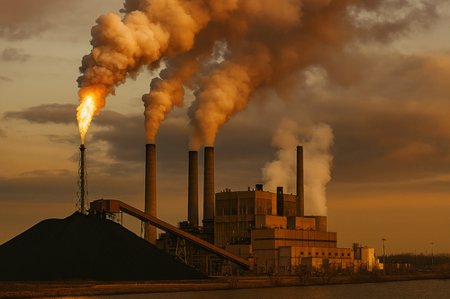Smoky industrial chimneys discharging waste products into the atmosphere.