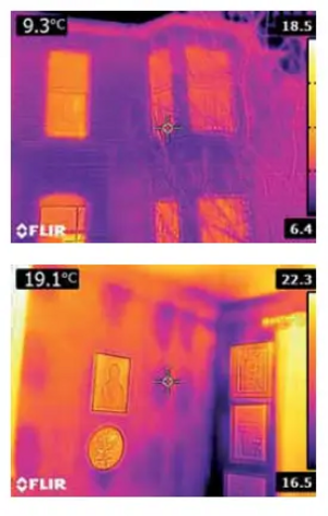 Heat images showing losses through a building's envelope