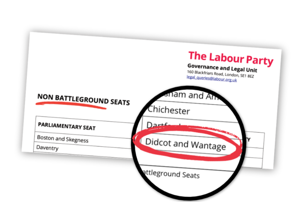 A document from Labour Party HQ showing 'non battleground seats'. Didcot and Wantage is on the list.