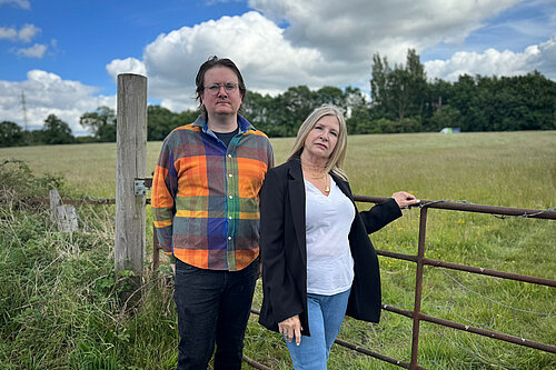 Councillors Jake Austin and Wendy Meikle at the site of the golf club development in Hazel Grove