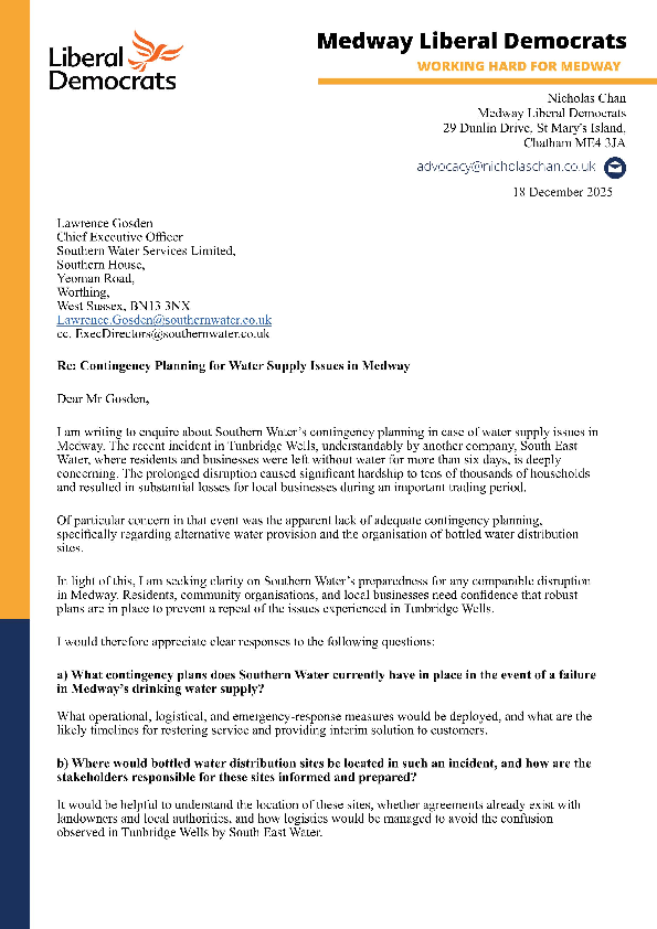 Letter to Southern Water