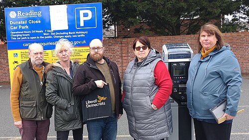Tilehurst's councillors at Dunstall Road car park, joined by parliamentary candidate Helen Belcher and former councillor Ricky Duveen