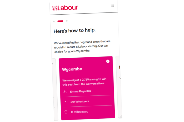 Screenshot of the Labour Party website instructing people to campaign in High Wycombe.