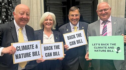 Lib Dem MPs Ian Roome Caroline Voaden Martin Wrigley and Steve Darling back the Climate and Nature Bill outside Ten Downing Street