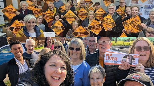 The top photo shows a crowd of people, all holding Liberal Democrat yellow diamonds. MP Daisy Cooper is stood at the front, smiling towards the camera. The bottom photo is a selfie taken by MP Victoria Collins, who is surrounded by a group of people. One man standing to her left (Paul de Kort) is holding up some Liberal Democrat leaflets.