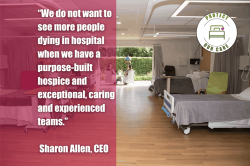 A graphic showing beds at Arthur Rank Hospice and the text '"We do not want to see more people dying in hospital when we have a purpose-built hospice and exceptional, caring and exceptional teams." Sharon Allen, CEO'