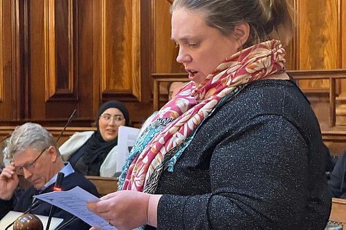 Cllr Naylor addressing the Council Chamber 