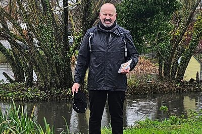 Cllr Frank O'Kelly after leafletting in the rain