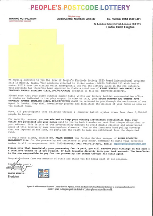 People's Postcode Lottery Scam Email