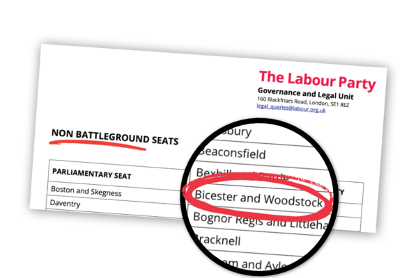 A document from Labour Party HQ showing 'non battleground seats'. Bicester and Woodstock is on the list.