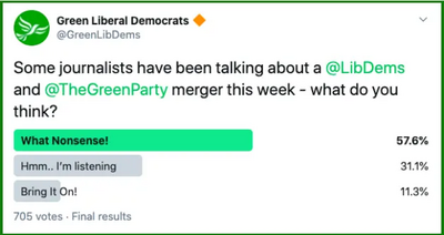 Tweet about Green Party and Lib Dems Merger