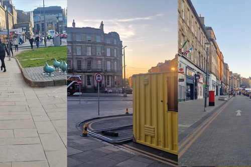 Three images of Elm Row. Left: A "desired path" made of dirt. Middle: A shipping container at the end of Montgomery Street. Right: Elm Row looking towards town with tenements on the left and parked cars on the right.