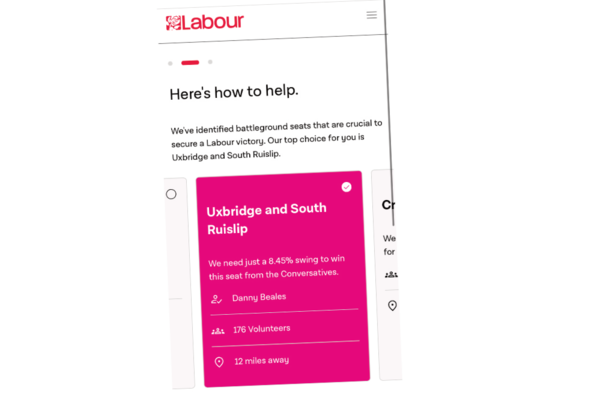 Screenshot of the Labour Party website instructing people to campaign in Uxbridge and South Ruislip.