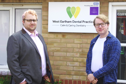 Sean Bennett & James Hawketts in front of West Earlham Dentists. 