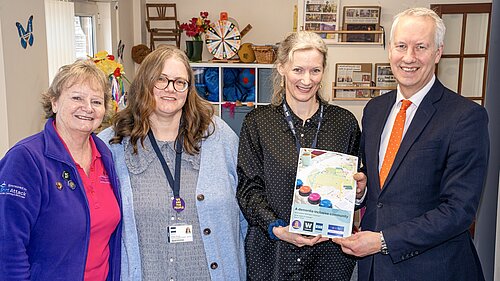 From left, Fiona Mahoney, CEO Reminiscence Learning; Dr Debbie Worrall, researcher Bath Spa University; Dr Katy Brickley, researcher Bath Spa University; Gideon Amos, MP.