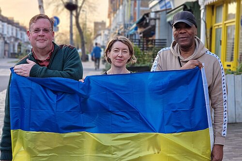Grove Green Liberal Democrat Campaigners with a Ukrainian Flag