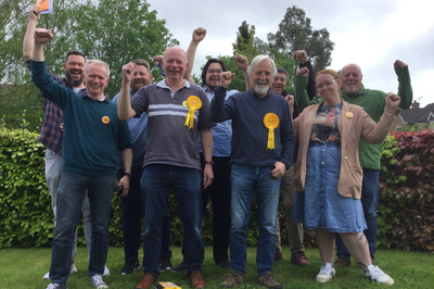 All Local Lib Dem councillors outside cheering 