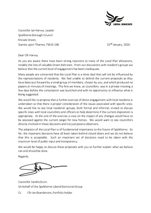Open Letter from the Spelthorne Liberal Democrats on the Local Plan to Council Leader, Cllr Ian Harvey