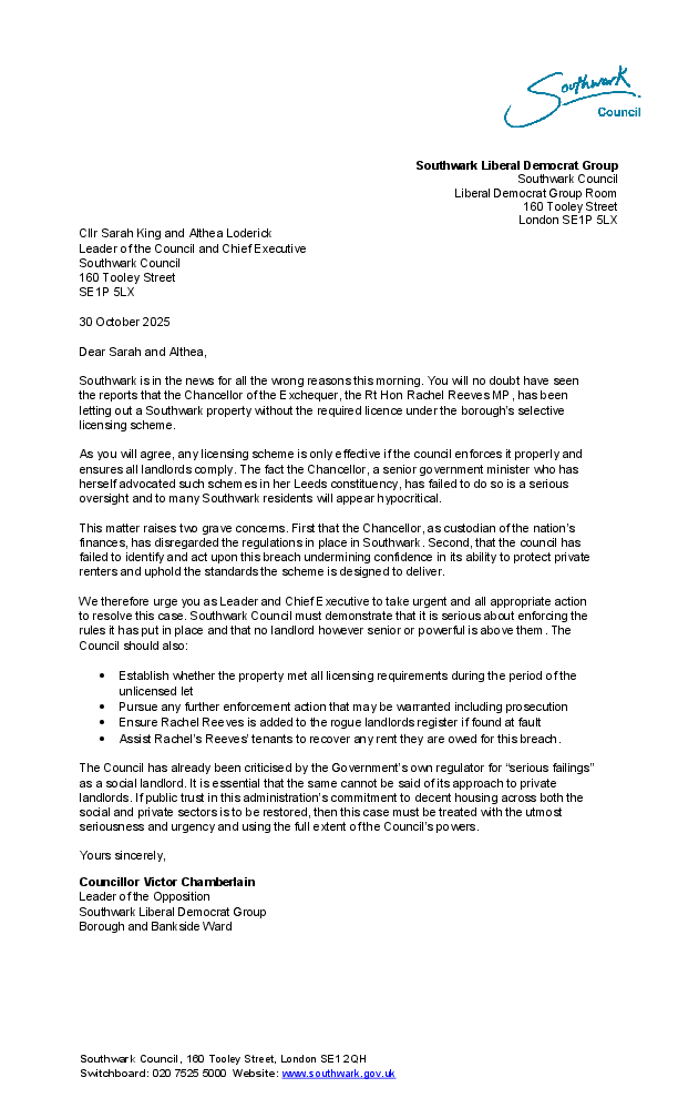 Rachel Reeves Letter