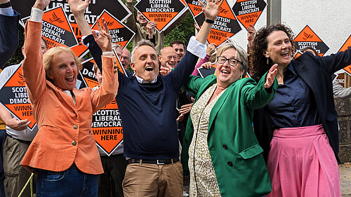 Susan Murray, Alex Cole-Hamilton, Christine Jardine, Wendy Chamberlain and activists