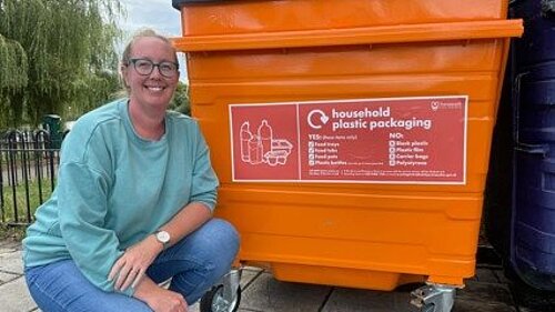 Cllr Leonie Oliver with a Mixed Plastic Bin