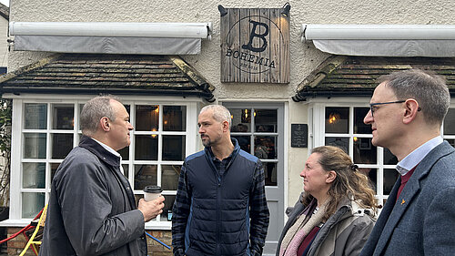 Ian Sollom, Ed Davey and others in front of Bohemia