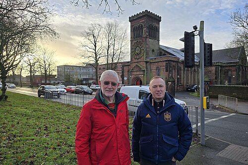 Dave Antrobus and Dave Thomas outside St Annes Church