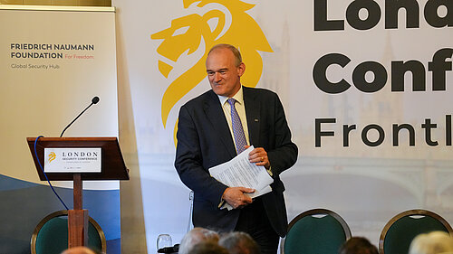 Ed Davey delivers a speech at the Liberal International Conference