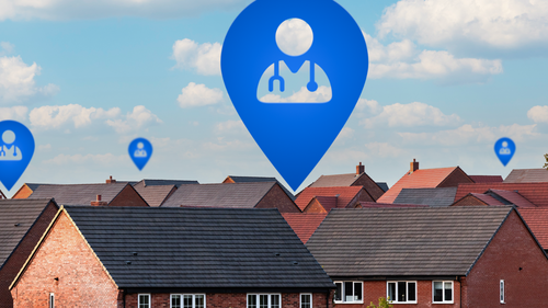 GP surgery icons floating above houses