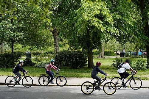 4 children cycling with trees in background