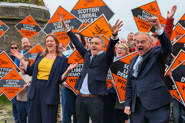 Sanne Dijkstra-Downie, Alex Cole-Hamilton and Ed Davey celebrating