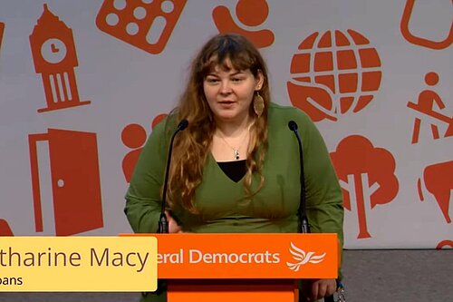 Katharine Macy at conference podium