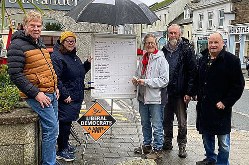 Five Liberal Democrat members stand outside in Liskeard, in front of a whiteboard showing public responses to questions in a Yes/No format. The Santander branch is in the background.