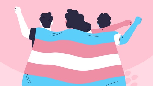 Cartoon graphic showing three people facing away from the image, they are holding a trans pride flag draped across their shoulders.