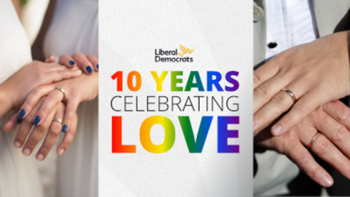 Text reads "10 years celebrating love" in rainbow colours, flanked by two photos showing same-sex couples' hands and their wedding rings