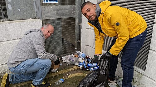 Lib Dem activists Doug Buist and Chris French pick up litter in Burdett Street, Waterloo and Southbank ward