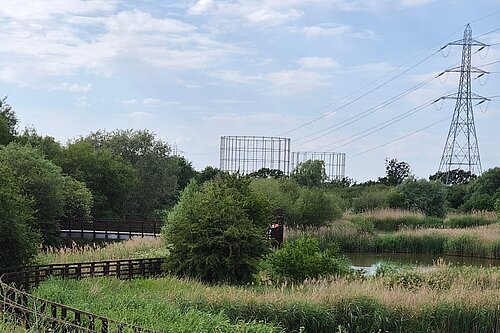 Motspur Park gasholders viewed from Worcester Park