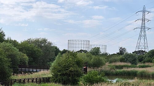 Motspur Park gasholders viewed from Worcester Park