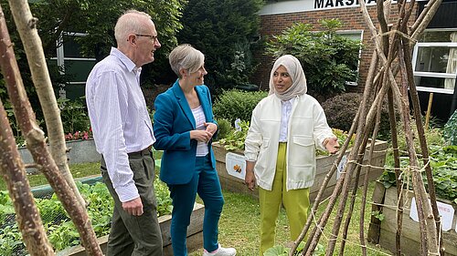 Photograph of Daisy Cooper with MEJ councillors Raihaanah Ahmed and John Hale