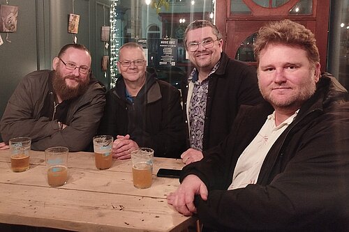 Gary Fuller, Paul Thomas, Tim Prater and Connor McConville together in pub (Docker, Sandgate)
