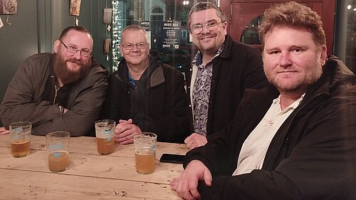 Gary Fuller, Paul Thomas, Tim Prater and Connor McConville together in pub (Docker, Sandgate)