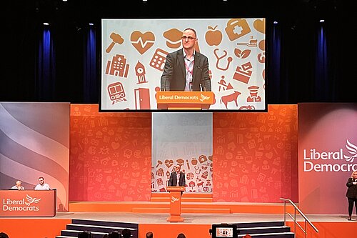 Ian Sollom onstage at the September 2025 Lib Dem conference