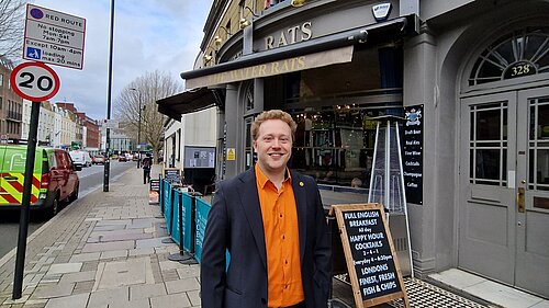 Charlie clinton, holborn and st pancras parliamentary candidate, outside the Waterats venue