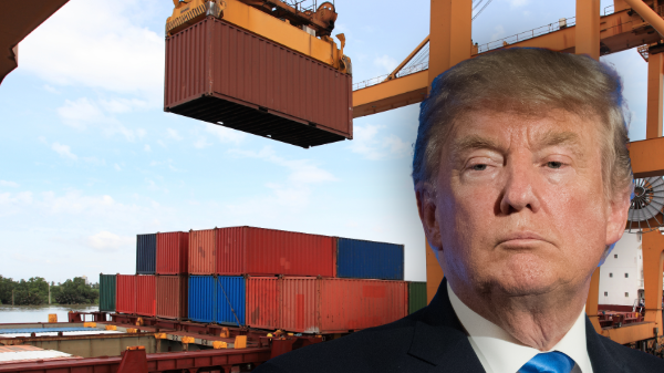 A photo of Donald Trump superimposed on a background of a working trade port
