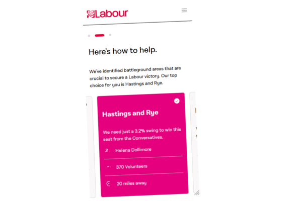 Screenshot of the Labour Party website instructing people to campaign in Hastings and Rye.