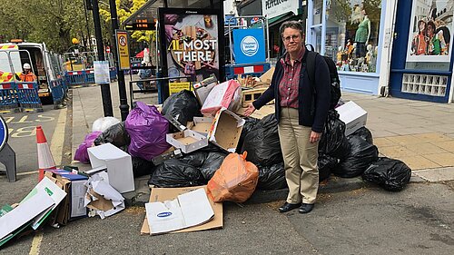 Councillor Janet Grauberg with rubbish on West End Lane