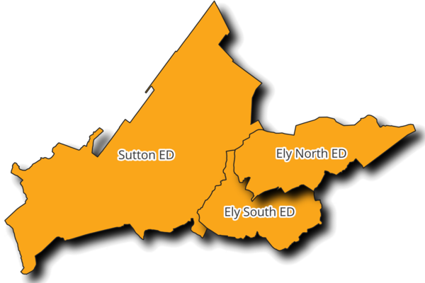 Map of Sutton, Ely North and Ely South Divisions in raised profile