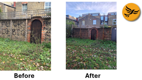 Before and after: Graffiti on a wall on Beaconsfield Gardens. 